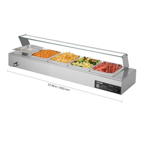 Commercial Food Warmer, 1500W Electric Stainless Steel Steam Food Warmer with Glass Cover, Countertop Buffet Bain Marie with Five 1/2 Size Food Pans, for Catering, Restaurant, Party & Buffets