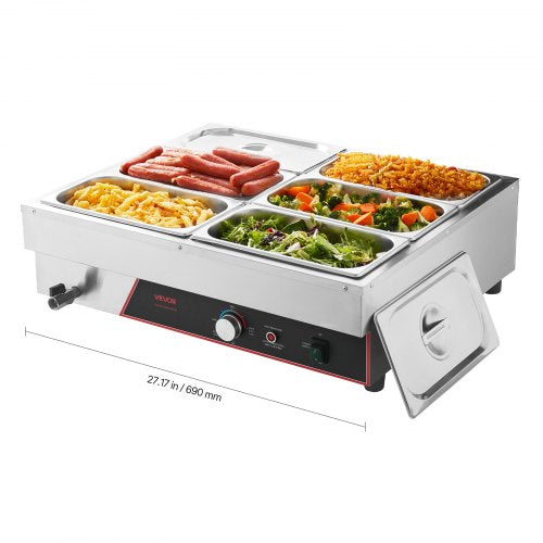 Commercial Food Warmer, 1500W Electric Stainless Steel Steam Food Warming with Lid, 6-Pan Fast Heating Countertop Buffet Bain Marie with Power Cord, for Catering, Restaurant, Party & Buffets