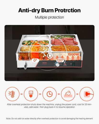 Commercial Food Warmer, 1500W Electric Stainless Steel Steam Food Warming with Lid, 6-Pan Fast Heating Countertop Buffet Bain Marie with Power Cord, for Catering, Restaurant, Party & Buffets