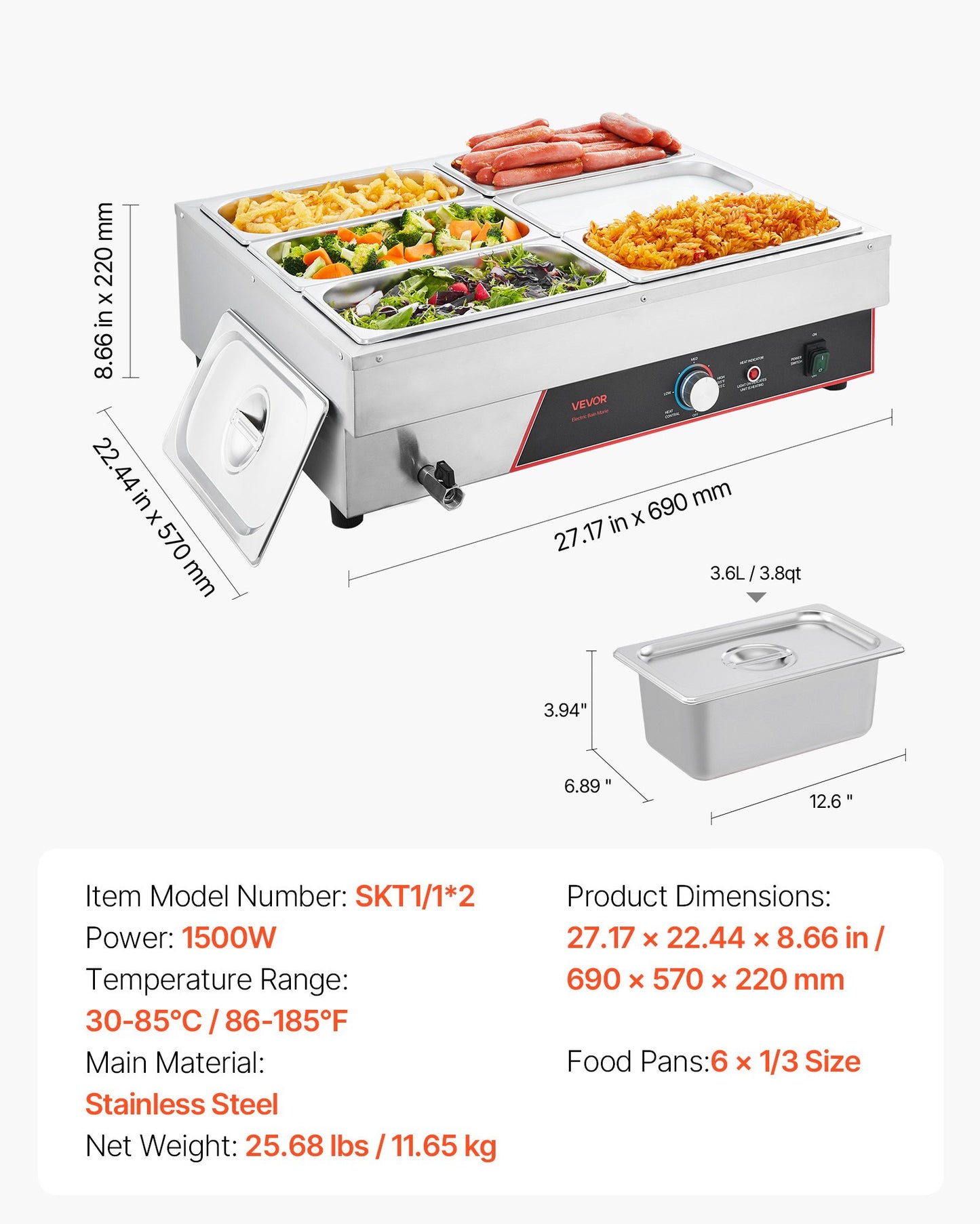 Commercial Food Warmer, 1500W Electric Stainless Steel Steam Food Warming with Lid, 6-Pan Fast Heating Countertop Buffet Bain Marie with Power Cord, for Catering, Restaurant, Party & Buffets