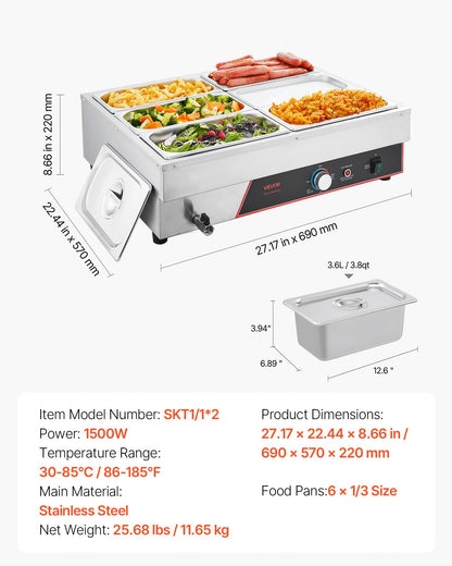 Commercial Food Warmer, 1500W Electric Stainless Steel Steam Food Warming with Lid, 6-Pan Fast Heating Countertop Buffet Bain Marie with Power Cord, for Catering, Restaurant, Party & Buffets