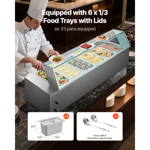 Commercial food warmer 6 x 1/3 size pans buffet bain-marie with glass lid | EU