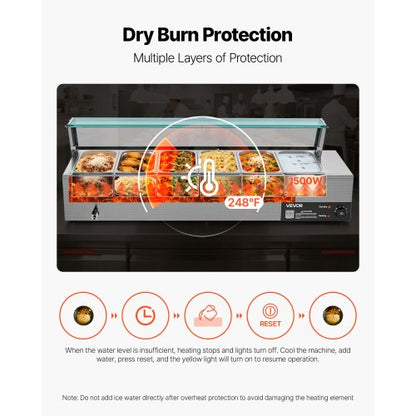 Commercial food warmer 6 x 1/3 size pans buffet bain-marie with glass lid | EU