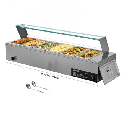 Commercial food warmer 6 x 1/3 size pans buffet bain-marie with glass lid | EU