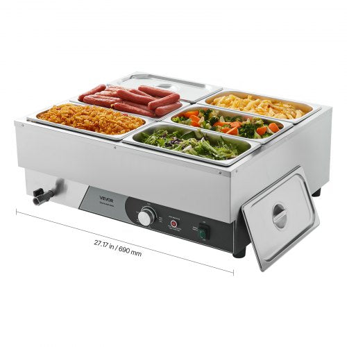 Commercial Food Warmer, 1500W Electric Stainless Steel Steam Food Warming with Lid, Fast Heating Countertop Buffet Bain Marie with Six 1/3 Size Food Pans, for Catering, Restaurant and Party