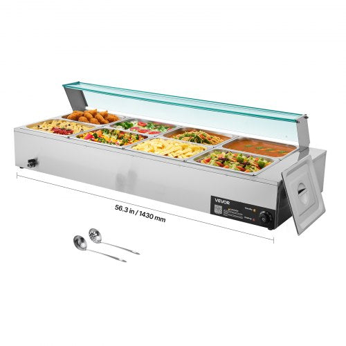 Commercial Food Warmer, 1700W Electric Stainless Steel Steam Food Warmer with Glass Cover, 8-Pan Countertop Buffet Bain Marie with Soup & Perforated Ladles, for Catering, Restaurant & Party
