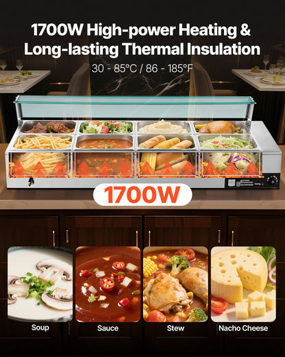Commercial Food Warmer, 1700W Electric Stainless Steel Steam Food Warmer with Glass Cover, 8-Pan Countertop Buffet Bain Marie with Soup & Perforated Ladles, for Catering, Restaurant & Party