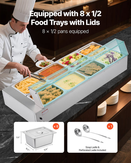 Commercial Food Warmer, 1700W Electric Stainless Steel Steam Food Warmer with Glass Cover, 8-Pan Countertop Buffet Bain Marie with Soup & Perforated Ladles, for Catering, Restaurant & Party