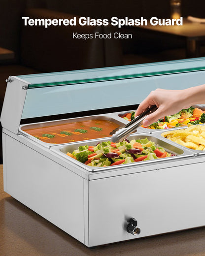 Commercial Food Warmer, 1700W Electric Stainless Steel Steam Food Warmer with Glass Cover, 8-Pan Countertop Buffet Bain Marie with Soup & Perforated Ladles, for Catering, Restaurant & Party