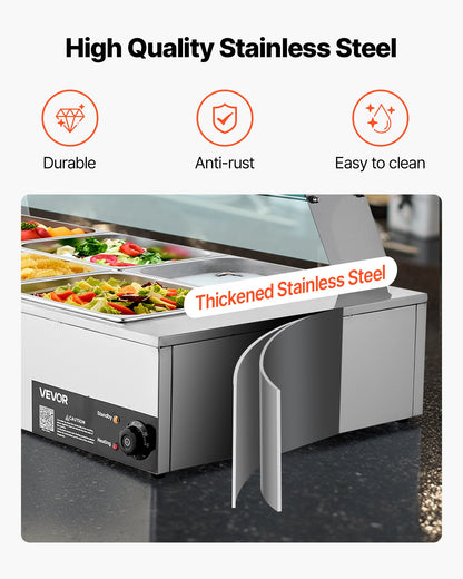 Commercial Food Warmer, 1700W Electric Stainless Steel Steam Food Warmer with Glass Cover, 8-Pan Countertop Buffet Bain Marie with Soup & Perforated Ladles, for Catering, Restaurant & Party