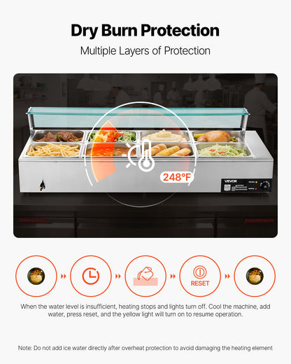 Commercial Food Warmer, 1700W Electric Stainless Steel Steam Food Warmer with Glass Cover, 8-Pan Countertop Buffet Bain Marie with Soup & Perforated Ladles, for Catering, Restaurant & Party