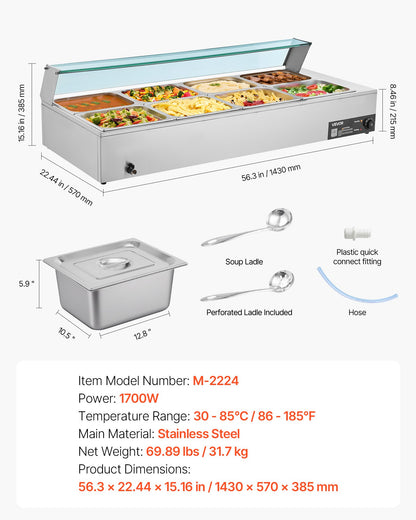 Commercial Food Warmer, 1700W Electric Stainless Steel Steam Food Warmer with Glass Cover, 8-Pan Countertop Buffet Bain Marie with Soup & Perforated Ladles, for Catering, Restaurant & Party