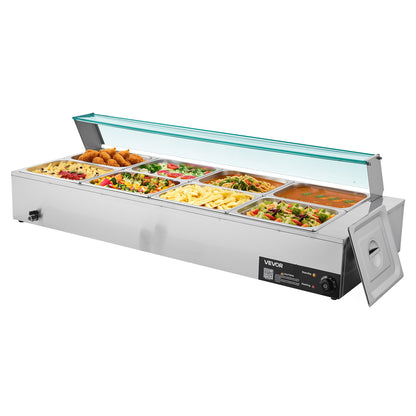 Commercial Food Warmer, 1700W Electric Stainless Steel Steam Food Warmer with Glass Cover, 8-Pan Countertop Buffet Bain Marie with Soup & Perforated Ladles, for Catering, Restaurant & Party