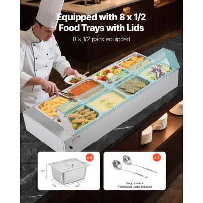 Kommersiell matvärmare, 1700W elektrisk ångvärmare i rostfritt stål med glaslock, 8-pannors bänkskiva med buffé i bain-marie med soppa och perforerade slevar, för catering, restaurang och fest |  EU