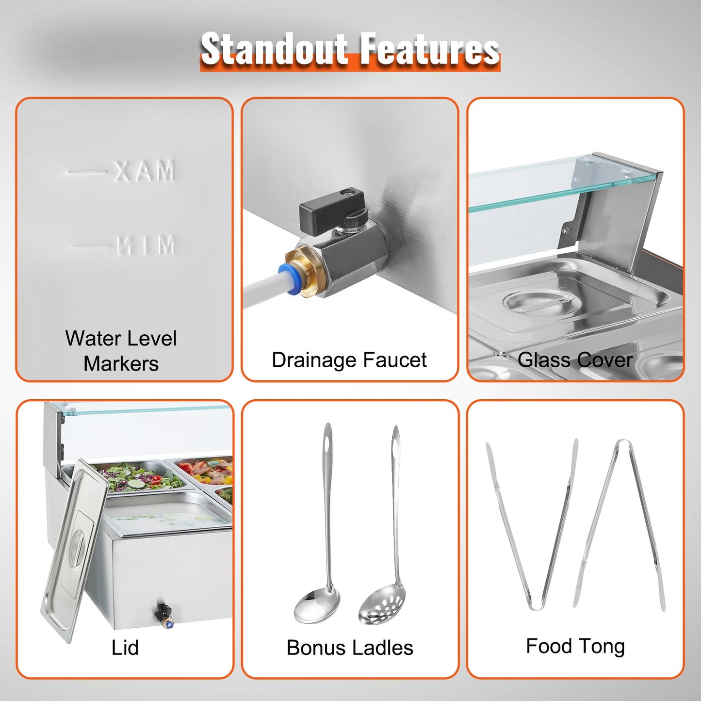 Commercial Electric Food Warmer Countertop Buffet 8*8Qt with Glass Shield