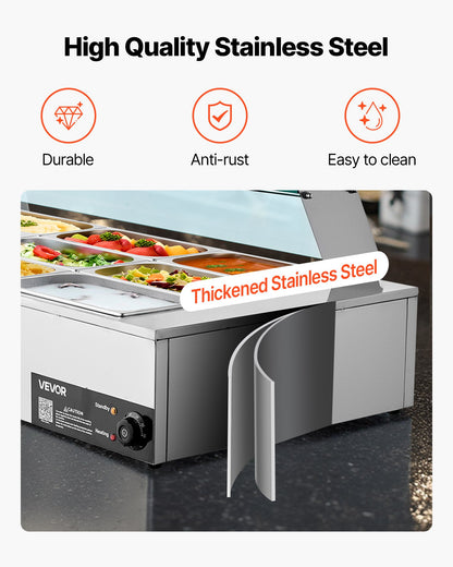 Commercial Food Warmer, 1500W Electric Stainless Steel Steam Food Warmer with Glass Cover, 9-Pan Countertop Buffet Bain Marie with Soup & Perforated Ladles, for Catering, Restaurant & Party