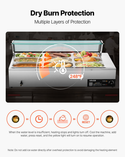 Commercial Food Warmer, 1500W Electric Stainless Steel Steam Food Warmer with Glass Cover, 9-Pan Countertop Buffet Bain Marie with Soup & Perforated Ladles, for Catering, Restaurant & Party