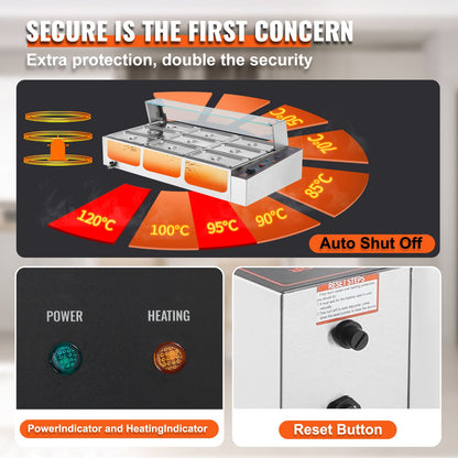 Commercial Electric Food Warmer Countertop Buffet 9*5Qt with Glass Shield