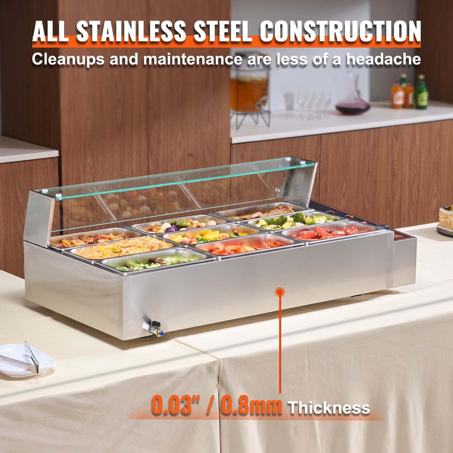 Commercial Electric Food Warmer Countertop Buffet 9*5Qt with Glass Shield