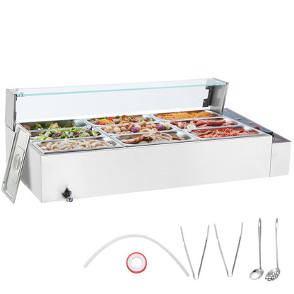 Commercial Electric Food Warmer Countertop Buffet 9*5Qt with Glass Shield