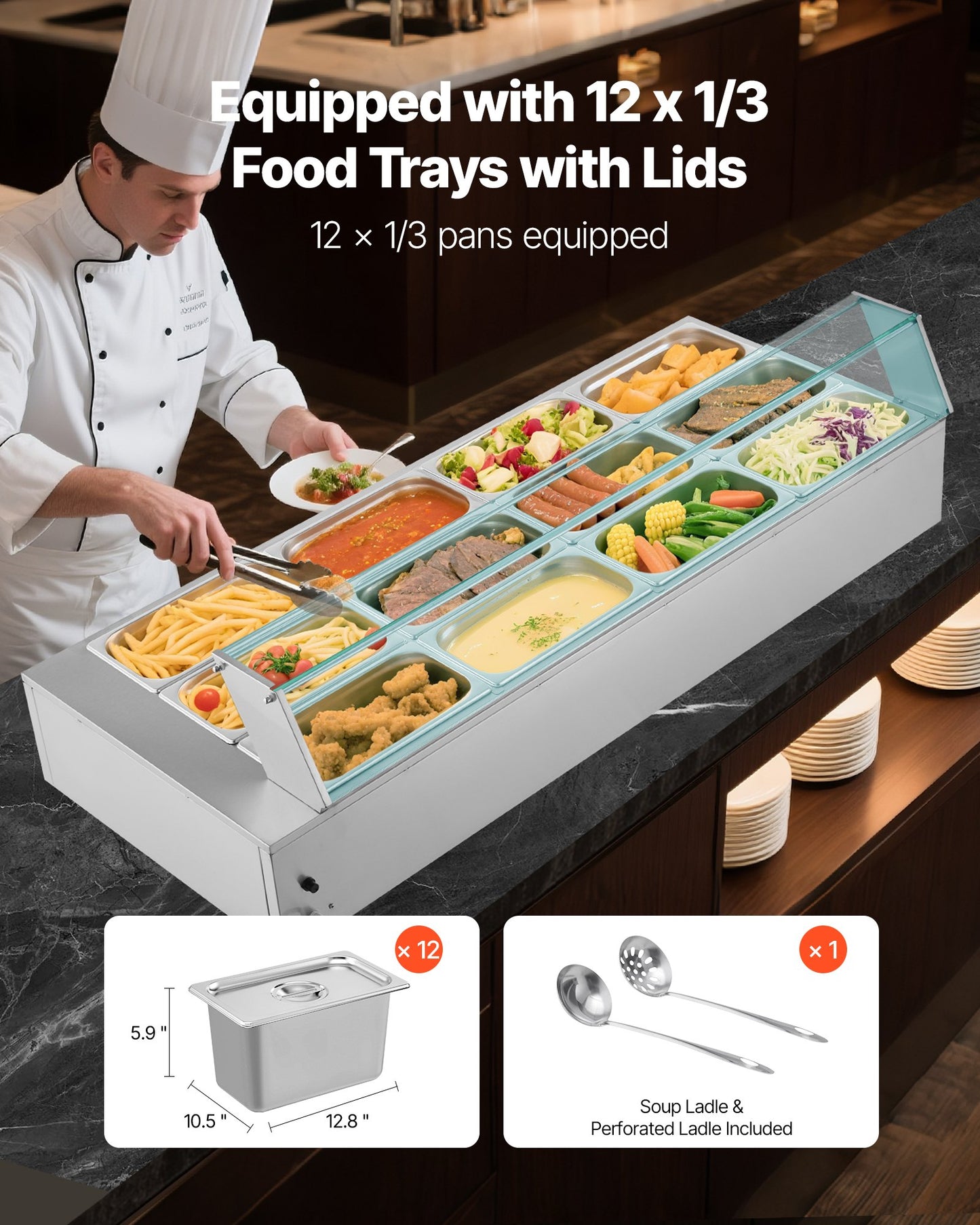 Commercial Food Warmer, 1700W Electric Stainless Steel Steam Food Warmer with Glass Cover, 12-Pan Countertop Buffet Bain Marie with Soup & Perforated Ladles, for Catering, Restaurant & Party