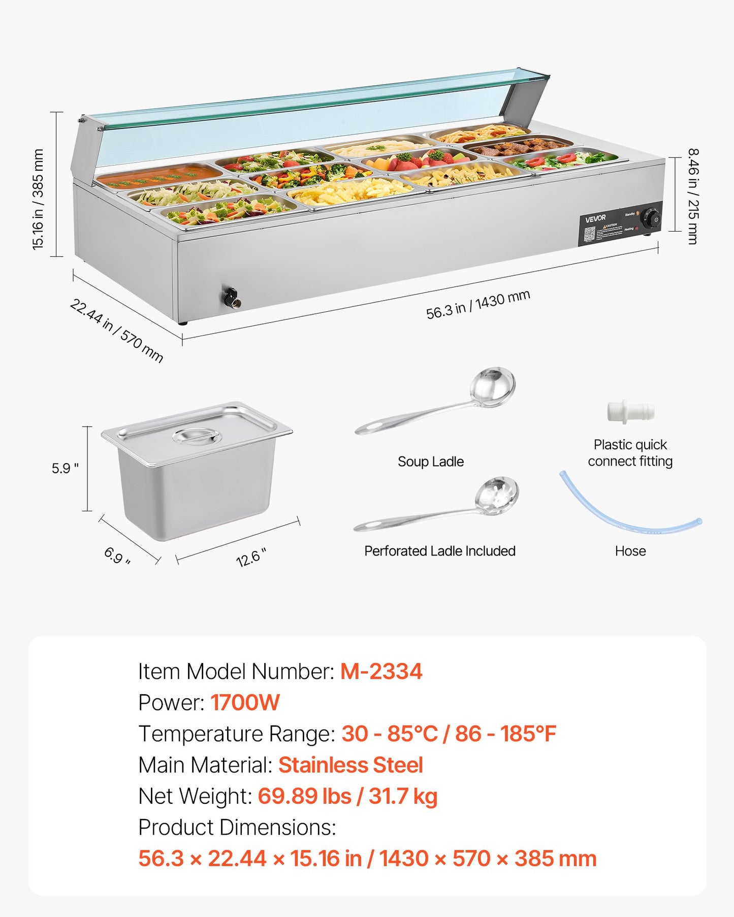 Commercial Food Warmer, 1700W Electric Stainless Steel Steam Food Warmer with Glass Cover, 12-Pan Countertop Buffet Bain Marie with Soup & Perforated Ladles, for Catering, Restaurant & Party