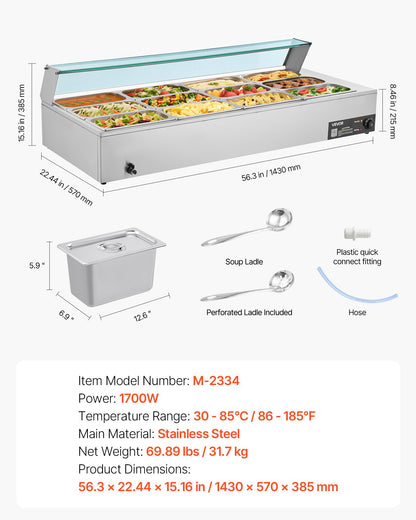 Commercial Food Warmer, 1700W Electric Stainless Steel Steam Food Warmer with Glass Cover, 12-Pan Countertop Buffet Bain Marie with Soup & Perforated Ladles, for Catering, Restaurant & Party