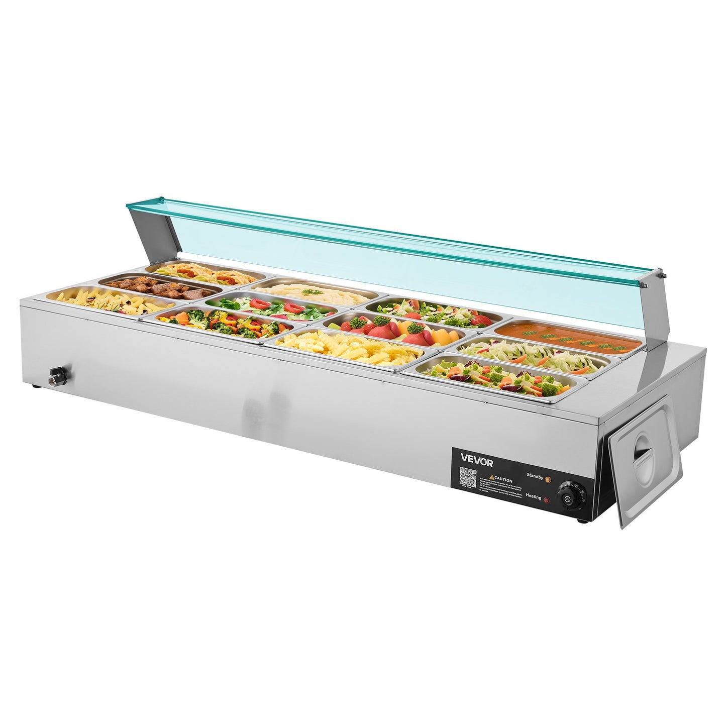 Commercial Food Warmer, 1700W Electric Stainless Steel Steam Food Warmer with Glass Cover, 12-Pan Countertop Buffet Bain Marie with Soup & Perforated Ladles, for Catering, Restaurant & Party