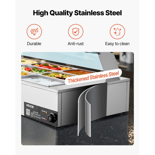 Kommersiell matvärmare, 1700W elektrisk ångvärmare i rostfritt stål med glaslock, 12-pannors bänkbuffé med bain-marie, soppa och perforerade slevar, för catering, restaurang och fest |  EU