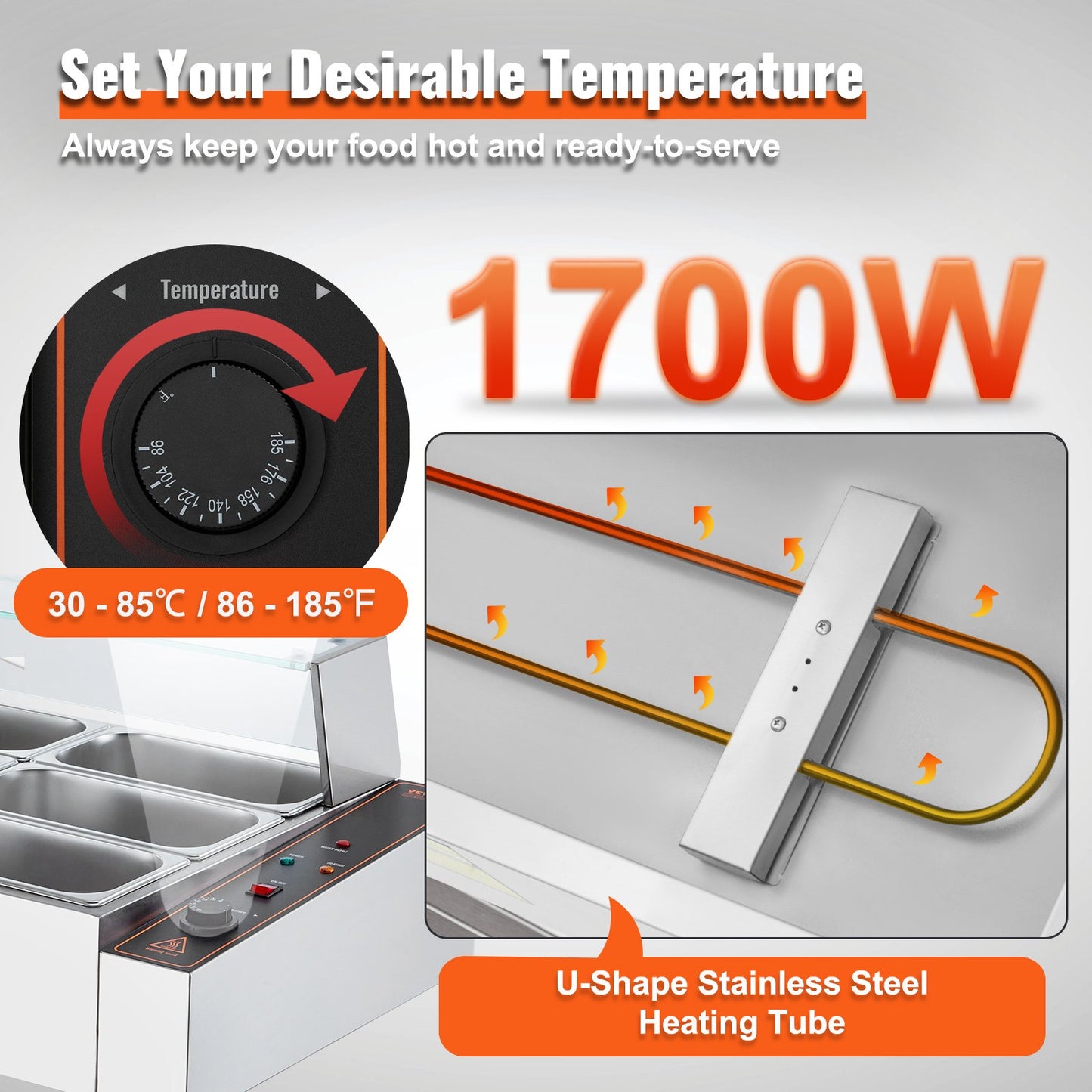 Commercial Electric Food Warmer Countertop Buffet 12*5Qt with Glass Shield