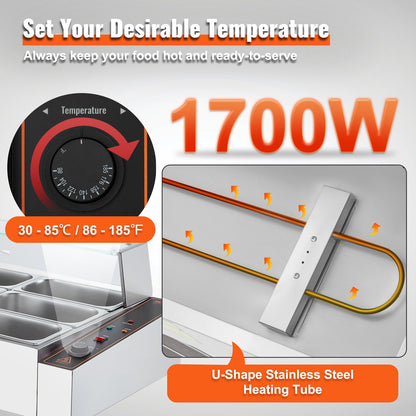 Commercial Electric Food Warmer Countertop Buffet 12*5Qt with Glass Shield