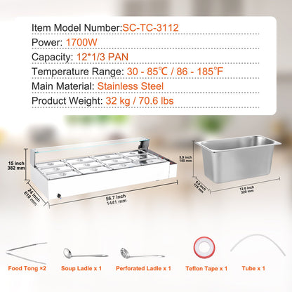 Commercial Electric Food Warmer Countertop Buffet 12*5Qt with Glass Shield