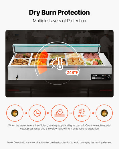 Commercial Food Warmer, 1700W Electric Stainless Steel Steam Food Warmer with Glass Cover, 10-Pan Countertop Buffet Bain Marie with Soup & Perforated Ladles, for Catering, Restaurant & Party