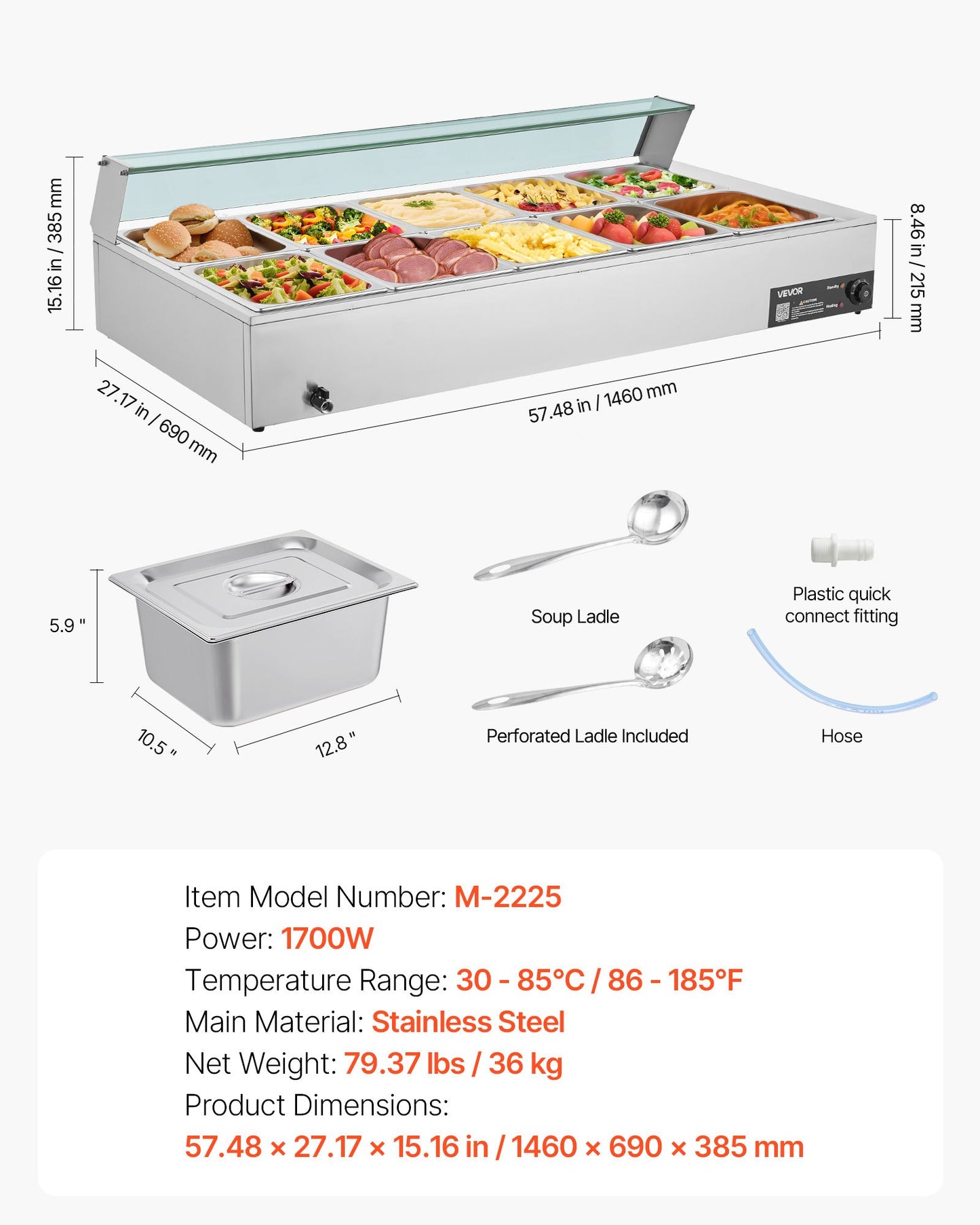 Commercial Food Warmer, 1700W Electric Stainless Steel Steam Food Warmer with Glass Cover, 10-Pan Countertop Buffet Bain Marie with Soup & Perforated Ladles, for Catering, Restaurant & Party