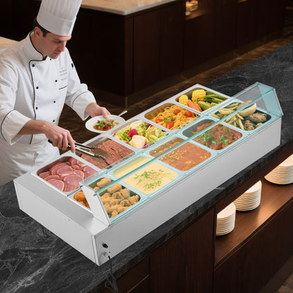 Commercial Food Warmer, 1700W Electric Stainless Steel Steam Food Warmer with Glass Cover, 10-Pan Countertop Buffet Bain Marie with Soup & Perforated Ladles, for Catering, Restaurant & Party