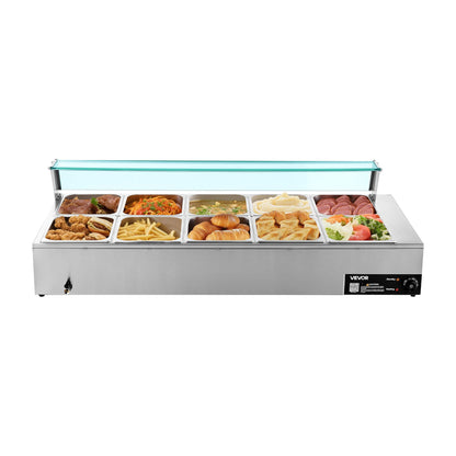 Commercial Food Warmer, 1700W Electric Stainless Steel Steam Food Warmer with Glass Cover, 10-Pan Countertop Buffet Bain Marie with Soup & Perforated Ladles, for Catering, Restaurant & Party