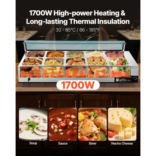 Kommersiell matvärmare, 1700W elektrisk ångvärmare i rostfritt stål med glaslock, 10-pannors bänkbuffé med vattenbad, soppa och perforerade slevar, för catering, restaurang och fest |  EU