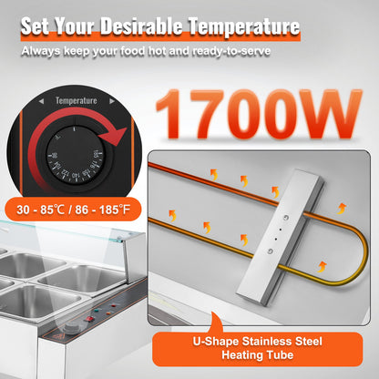 Commercial Electric Food Warmer Countertop Buffet 10*8Qt with Glass Shield