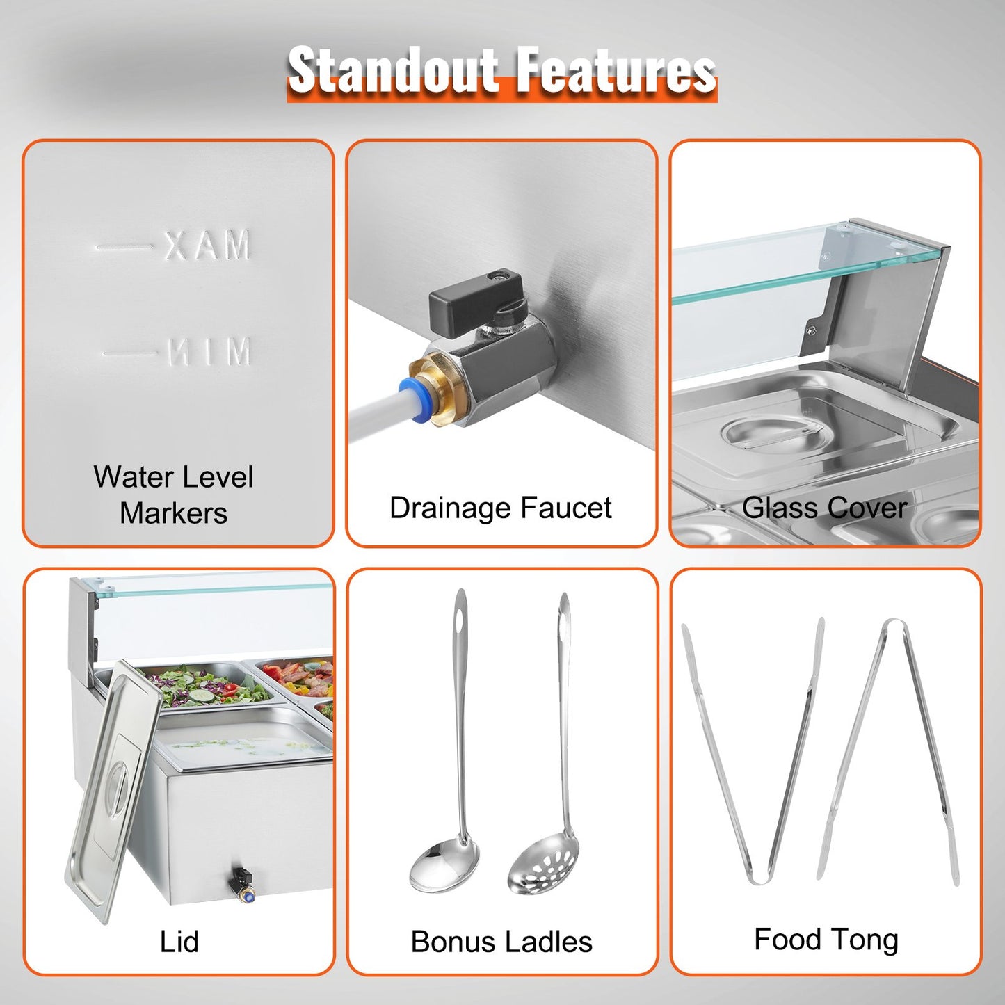 Commercial Electric Food Warmer Countertop Buffet 10*8Qt with Glass Shield