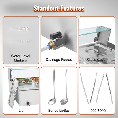 Commercial Electric Food Warmer Countertop Buffet 10*8Qt with Glass Shield