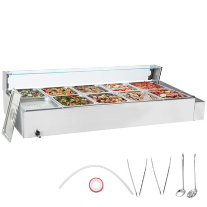 Commercial Electric Food Warmer Countertop Buffet 10*8Qt with Glass Shield