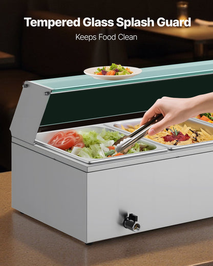 Commercial Food Warmer, 1500W Electric Stainless Steel Steam Food Warmer with Glass Cover, 4-Pan Countertop Buffet Bain Marie with Soup & Perforated Ladles, for Catering, Restaurant & Party