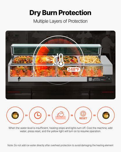 Commercial Food Warmer, 1500W Electric Stainless Steel Steam Food Warmer with Glass Cover, 4-Pan Countertop Buffet Bain Marie with Soup & Perforated Ladles, for Catering, Restaurant & Party