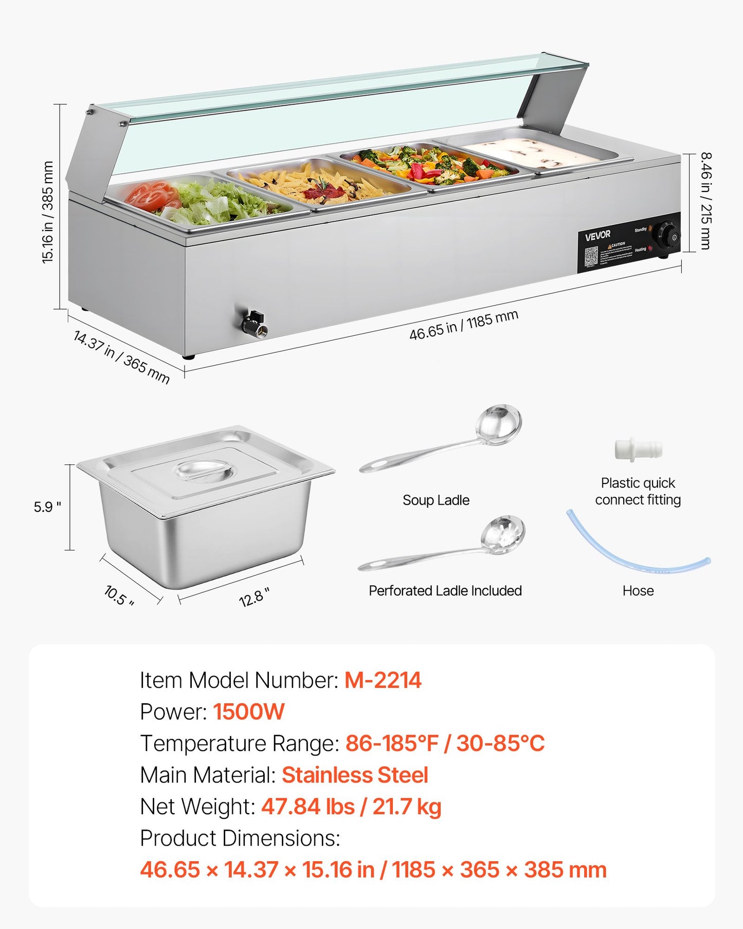 Commercial Food Warmer, 1500W Electric Stainless Steel Steam Food Warmer with Glass Cover, 4-Pan Countertop Buffet Bain Marie with Soup & Perforated Ladles, for Catering, Restaurant & Party