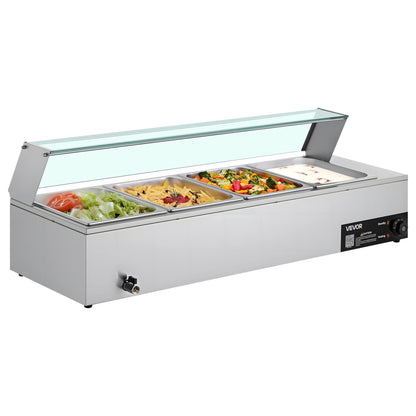 Commercial Food Warmer, 1500W Electric Stainless Steel Steam Food Warmer with Glass Cover, 4-Pan Countertop Buffet Bain Marie with Soup & Perforated Ladles, for Catering, Restaurant & Party