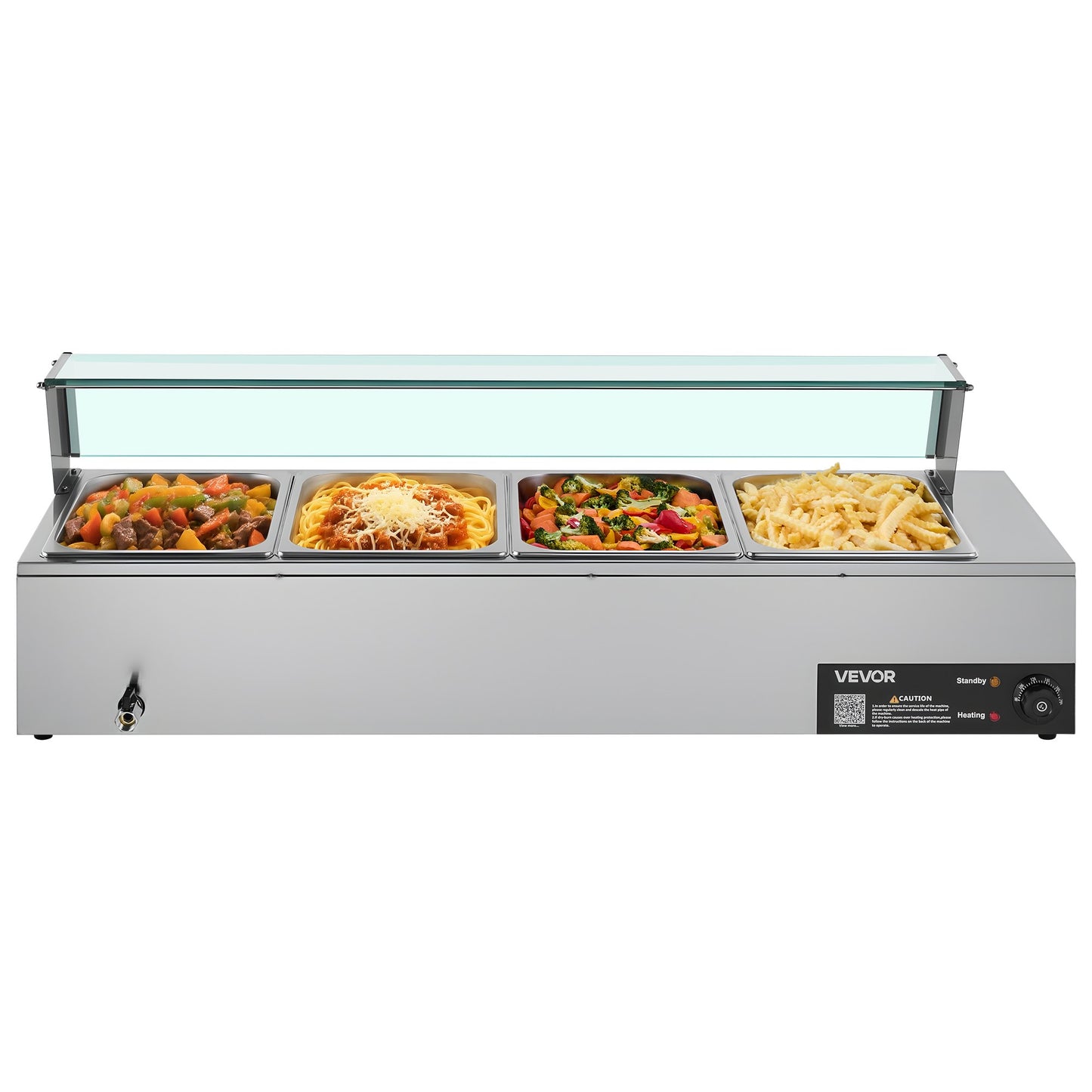 Commercial Food Warmer, 1500W Electric Stainless Steel Steam Food Warmer with Glass Cover, 4-Pan Countertop Buffet Bain Marie with Soup & Perforated Ladles, for Catering, Restaurant & Party