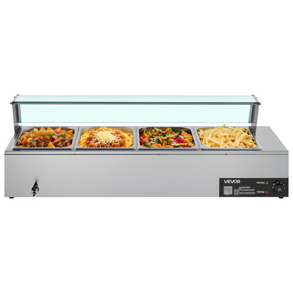 Commercial Food Warmer, 1500W Electric Stainless Steel Steam Food Warmer with Glass Cover, 4-Pan Countertop Buffet Bain Marie with Soup & Perforated Ladles, for Catering, Restaurant & Party