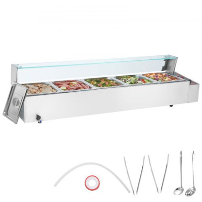 Commercial Electric Food Warmer Countertop Buffet 5*8Qt with Glass Shield