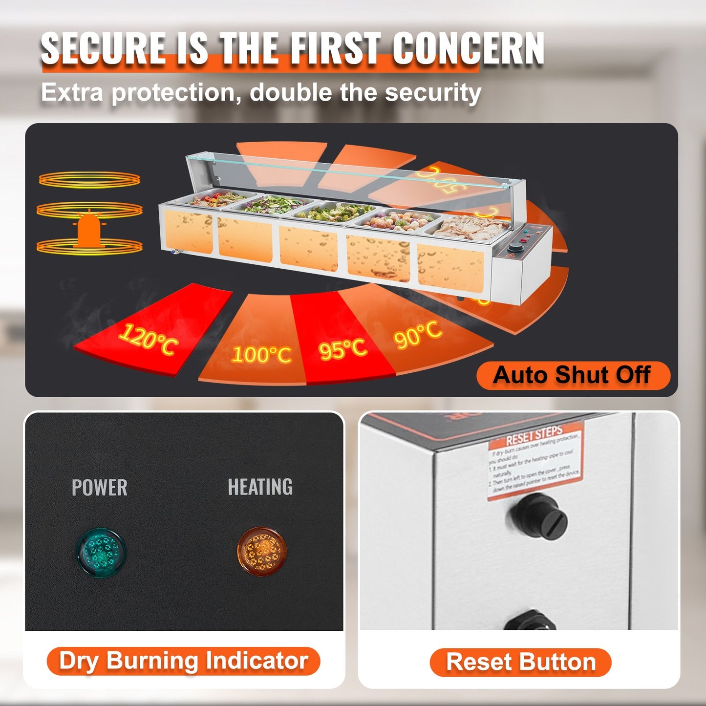 Commercial Electric Food Warmer Countertop Buffet 5*8Qt with Glass Shield