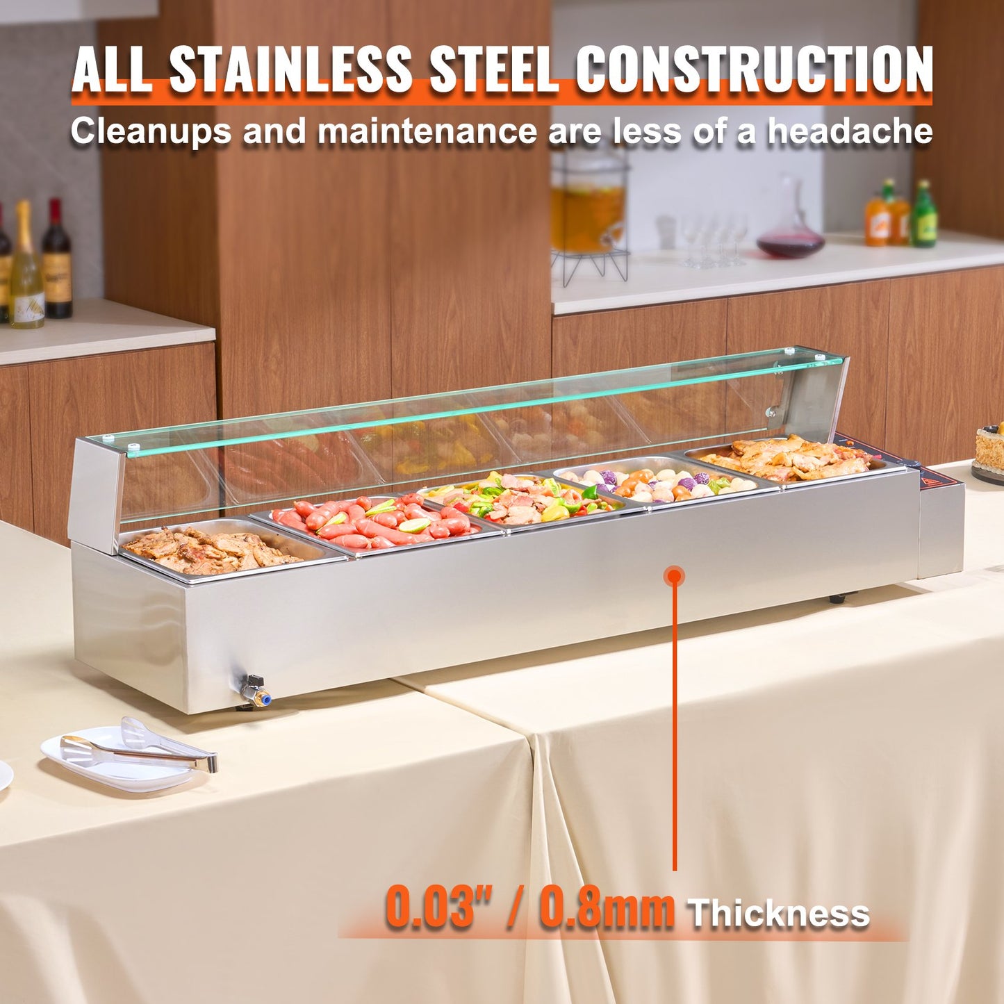 Commercial Electric Food Warmer Countertop Buffet 5*8Qt with Glass Shield